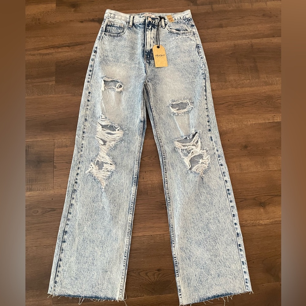 Vibrant Light Blue Distressed Straight Leg Jeans